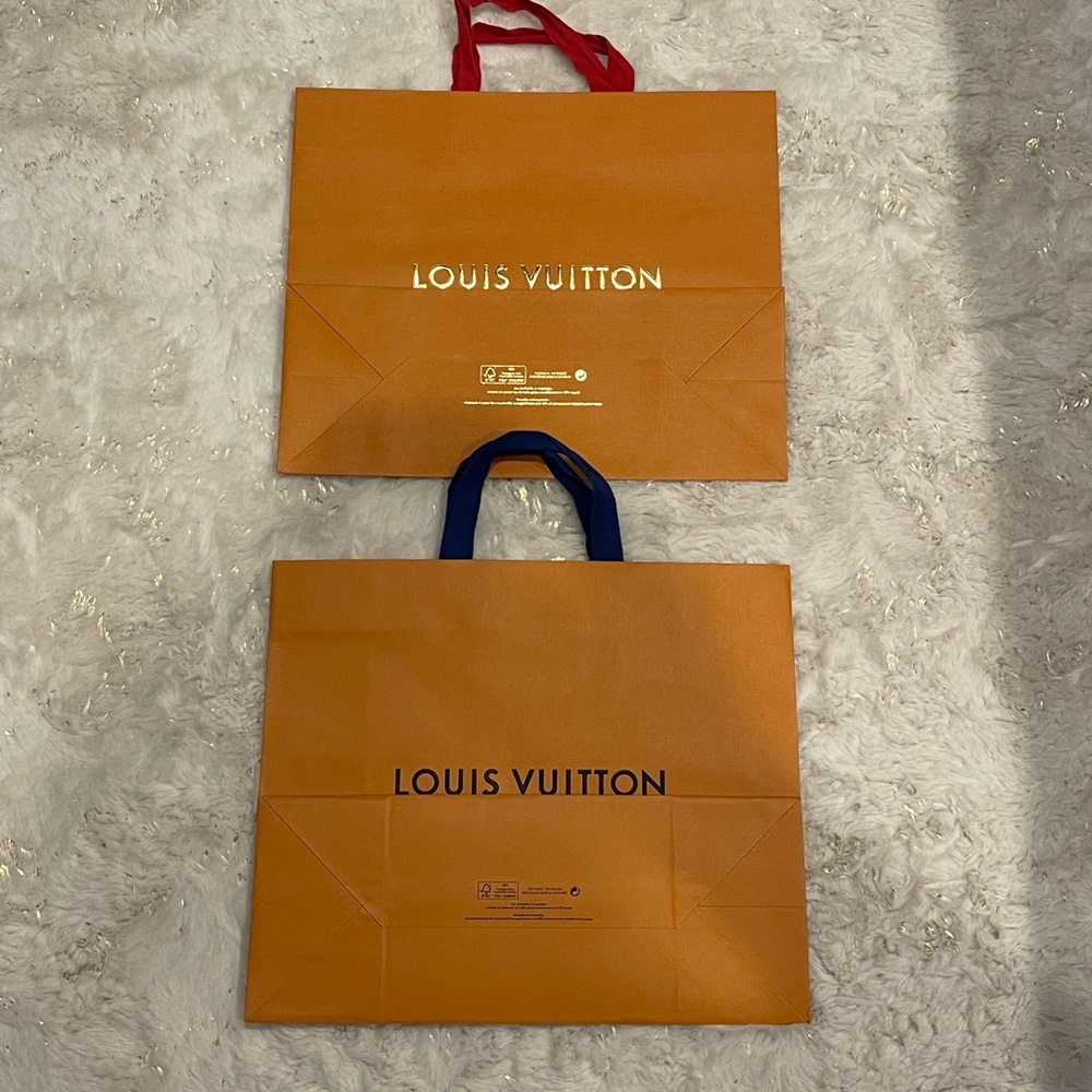 LV LOUIS VUITTON SHOPPING BAG SET BUNDLE 16 BY 13.5 INCHES BLACK GOLD LETTERING